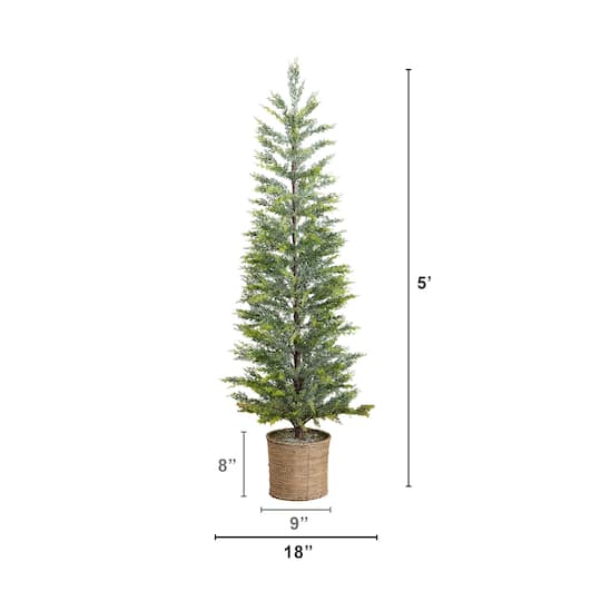 Nearly Natural 5ft. Pre-Lit Snowed Cypress Artificial Christmas Tree in Hyacinth Basket, Clear LED Lights